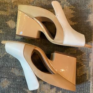 Glam Nude and white patent mules